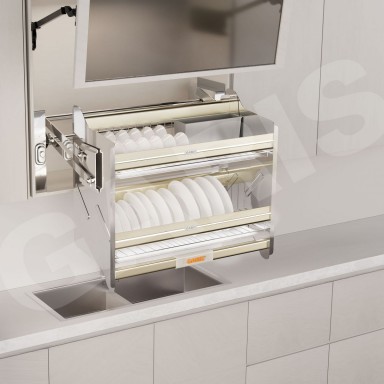 Giá bát đĩa nâng hạ cơ, bằng nhôm màu champagne + full inox 304 GL06AG